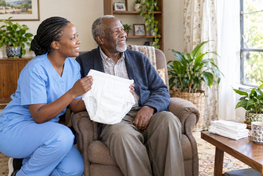 Home nurse explaining adult pull-up pants to an elderly man